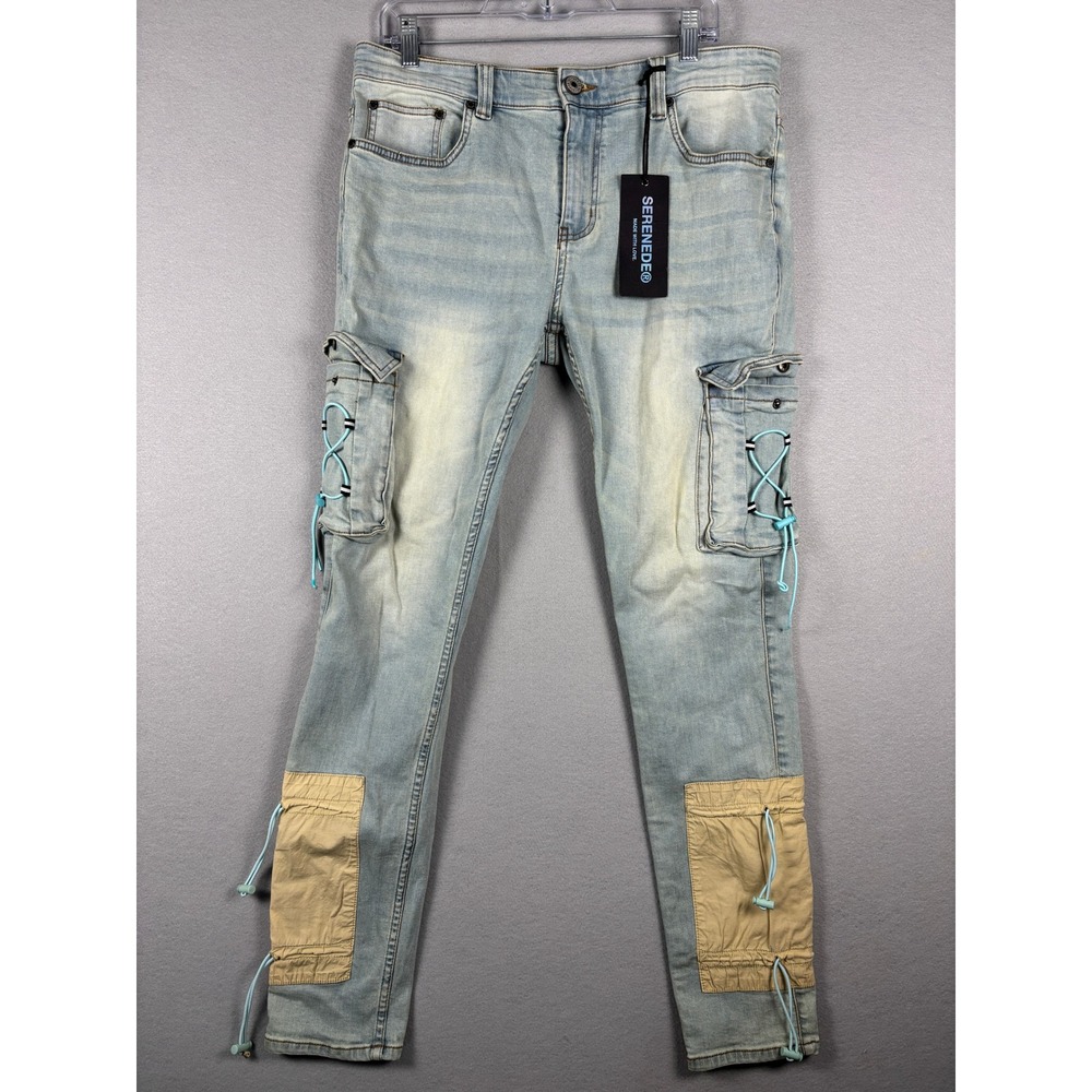 Serenede Slim Fit Cargo Jeans Streetwear Contrast Patches 34 Light Wash Blue